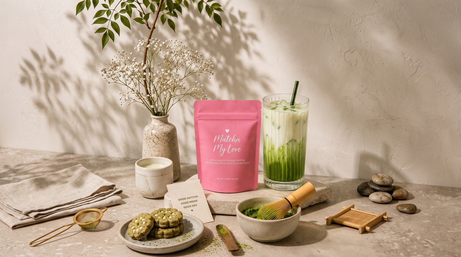 Matcha My Love pouch with iced matcha latte, cookies and whisk