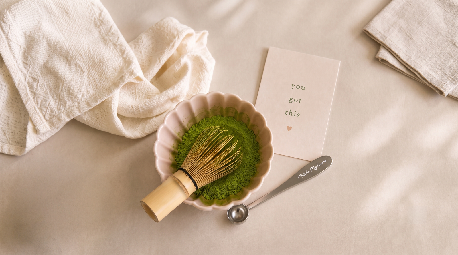 Matcha bowl with bamboo whisk, engraved spoon and 'you got this' card