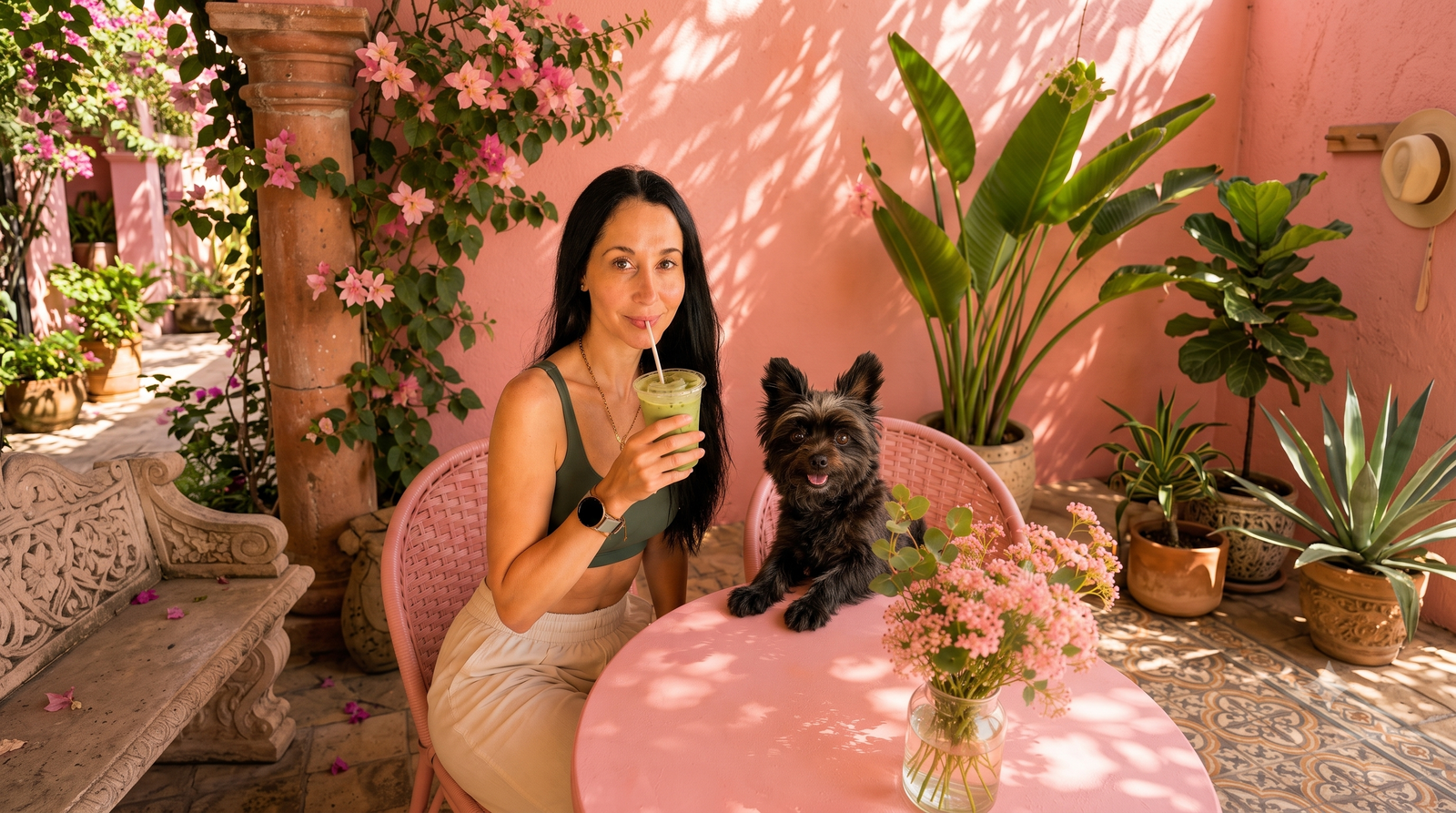Founder enjoying a matcha latte with her dog on a pink patio